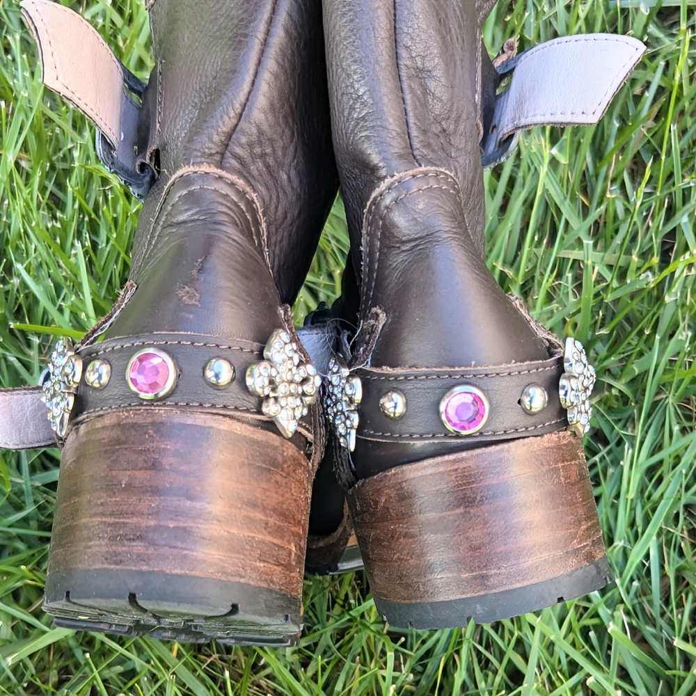 Brown Leather Cowboy Biker Moto Rare Pink Bling Boots 9 fit like 8.5 - Picture 6 of 12